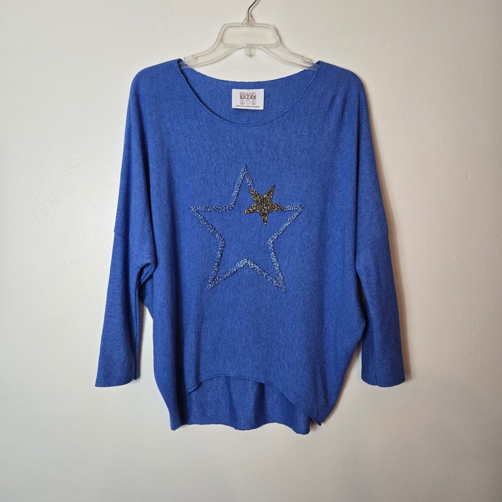 Brand Bazar Blue Angora Wool Blend Star Embellished Oversized‎ Sweater Italy